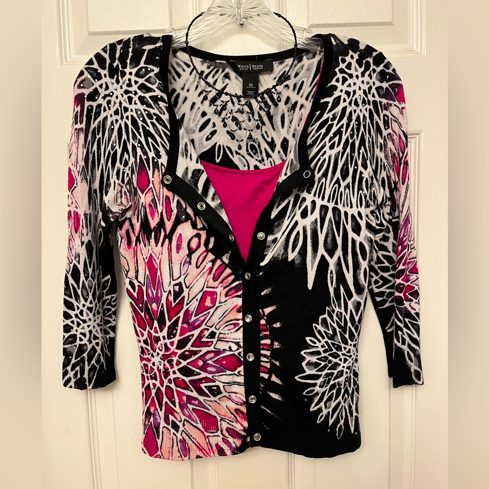 White House Black Market Mosaic Magenta and Black Cardigan, Size: XS